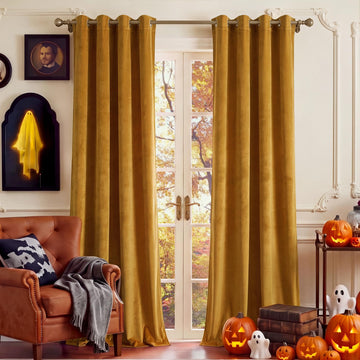 Gold Brown 90 inch Long Velvet Curtains & Drapes, 2 Panels