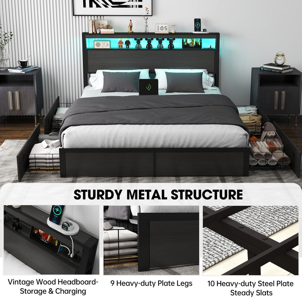 Bed Frame with 2-Tier Storage Headboard and 4 Drawers, Metal Platform Bed Frame with LED & Charging Station, No