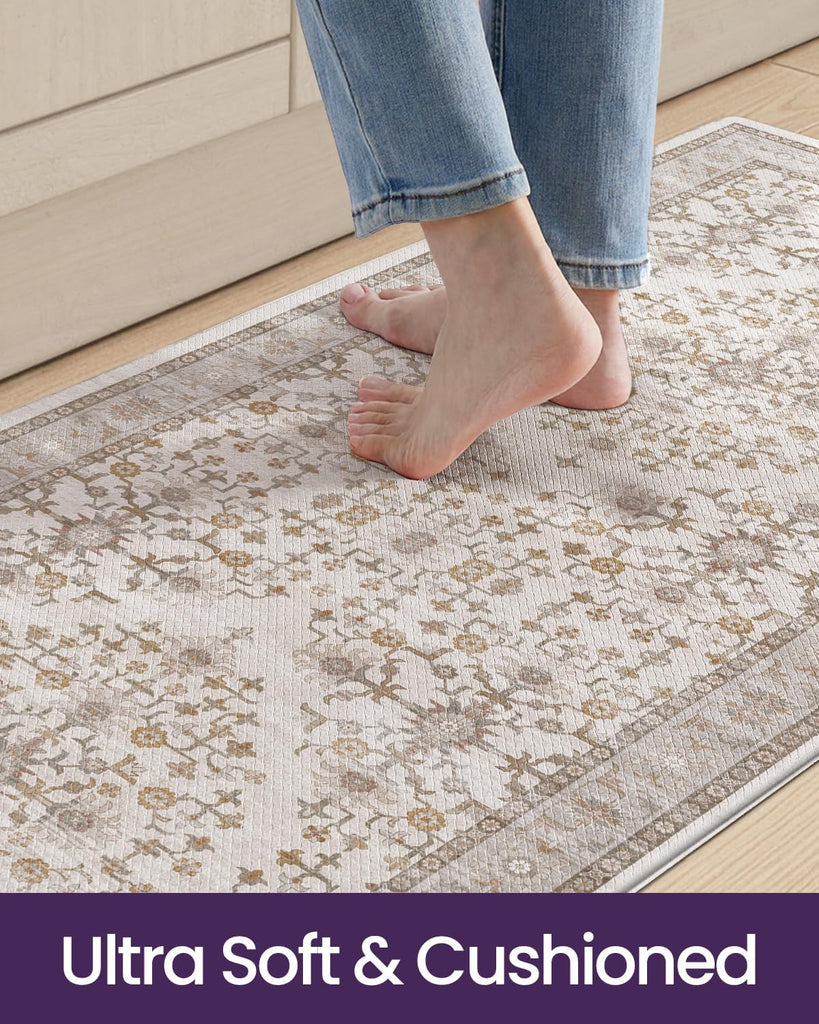 Kitchen Floor Mats Cushioned Anti Fatigue Runner Rug, 23x86 | Beige/White Soft Comfort Memory Foam, Easy Care