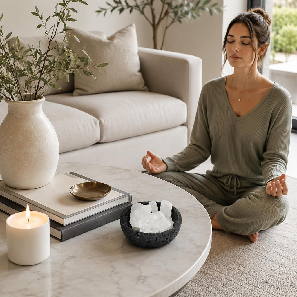 Charcoal Crater Cement Candle Vessel with 7 Crystal Stones - Handmade Textured Cement Bowl in Charcoal | Decorative