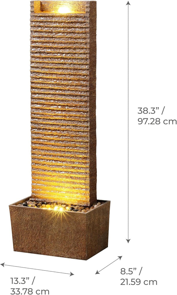 Ridged Texture Outdoor Water Fountain - Warm Glow Lighting with Built-in Electric Pump & Simple Setup, Brown