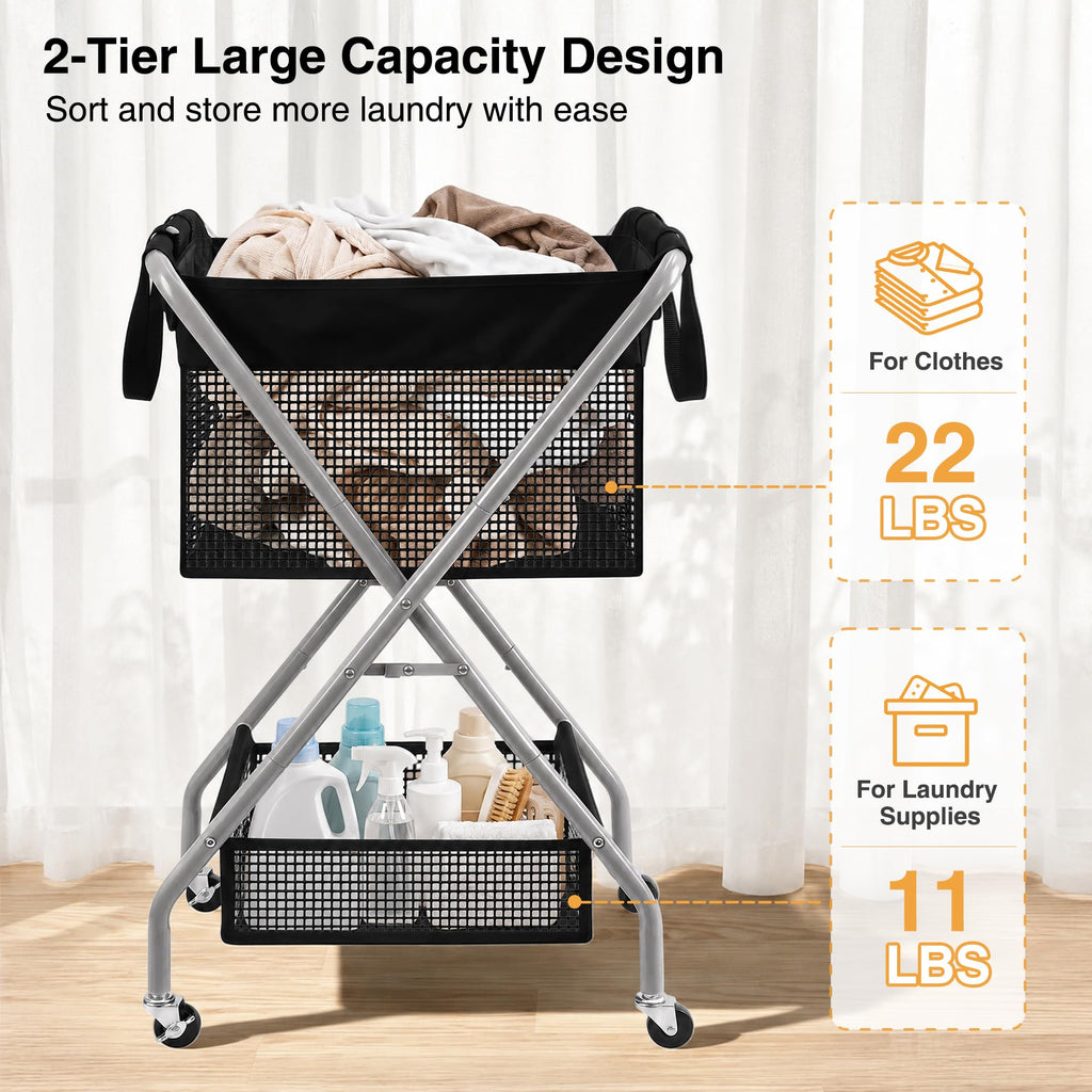 2-Tier Foldable Laundry Cart with Wheels, 75L Tall Rolling Laundry Hamper, Collapsible Laundry Basket with Removable