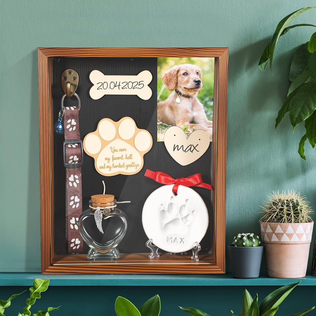 Pet Memorial Shadow Box Dog Memorial Shadow Box Picture Frame with Clay Pet Paw Heart Glass Bottle Wooden Decorations