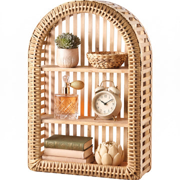 Rattan Wall Shelf - 3 Tier Boho Arched Wicker Hanging Shelves
