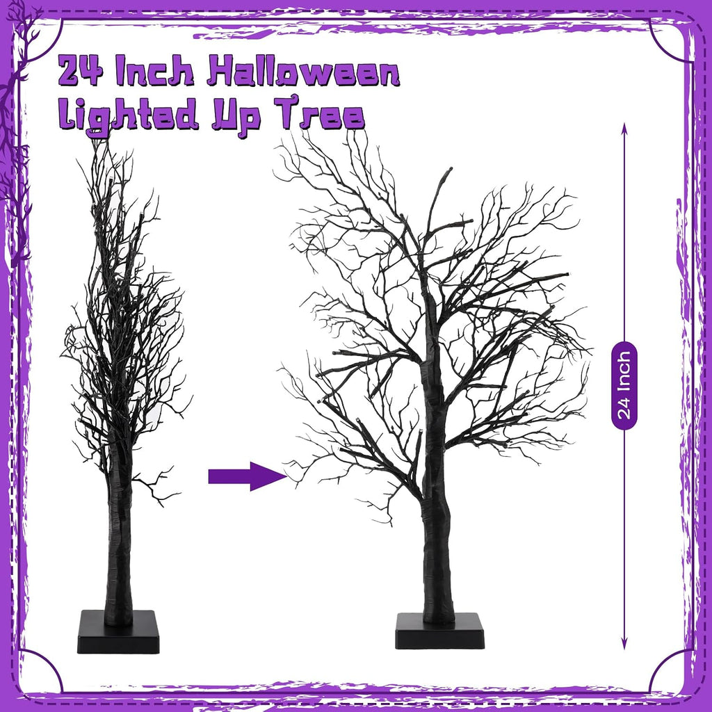 Halloween Decorations Indoor - 2Pack 24 Inch Spooky Black Tree with Lights, Lighted Tabletop Tree with Timer - Set of 2