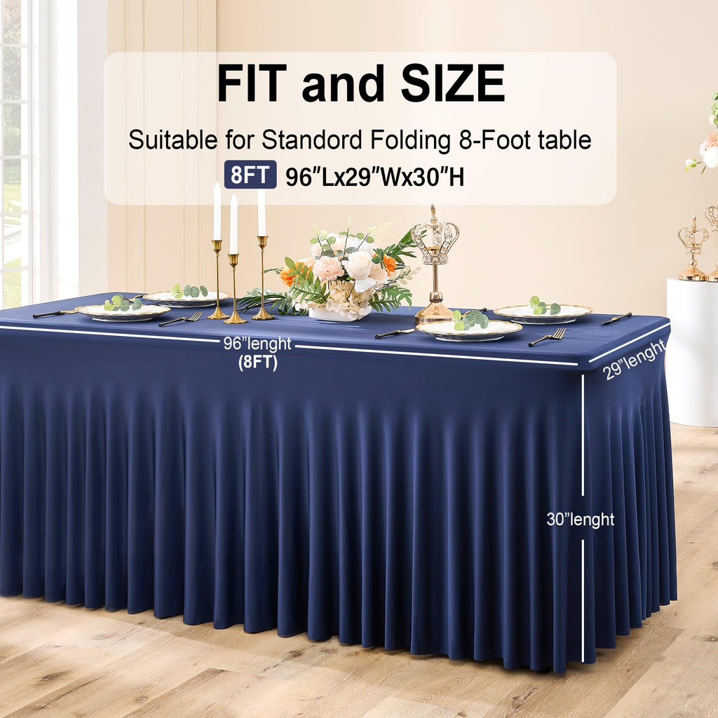 Spandex Tablecloth 8FT Rectangle Table Cover 6 Pcs Navy Blue Wrinkle-Free