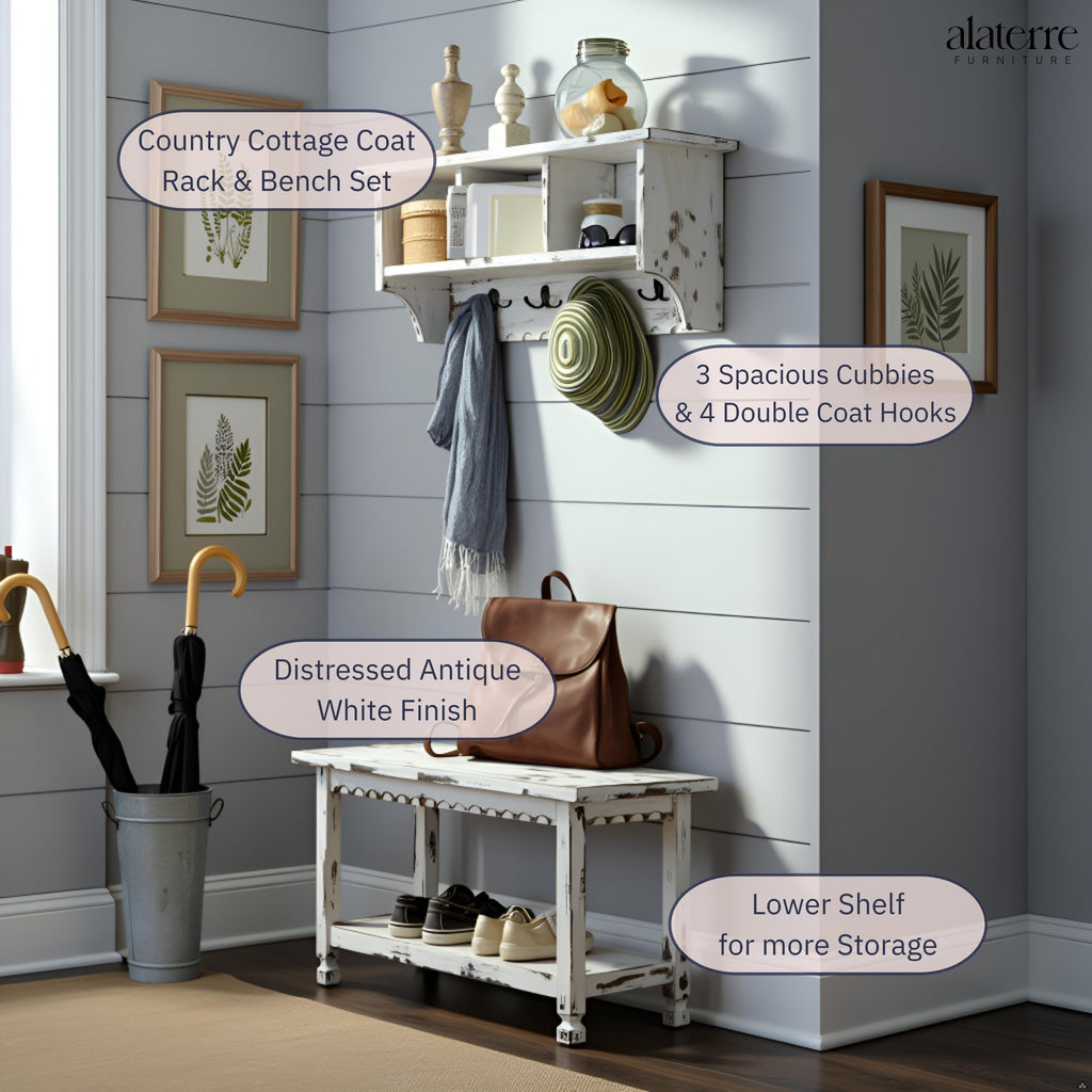 Country Cottage 36" Entryway Coat Rack and Bench Set - Wall Mounted Coat Hanger with 3 Cubbies, 4 Double Hooks &