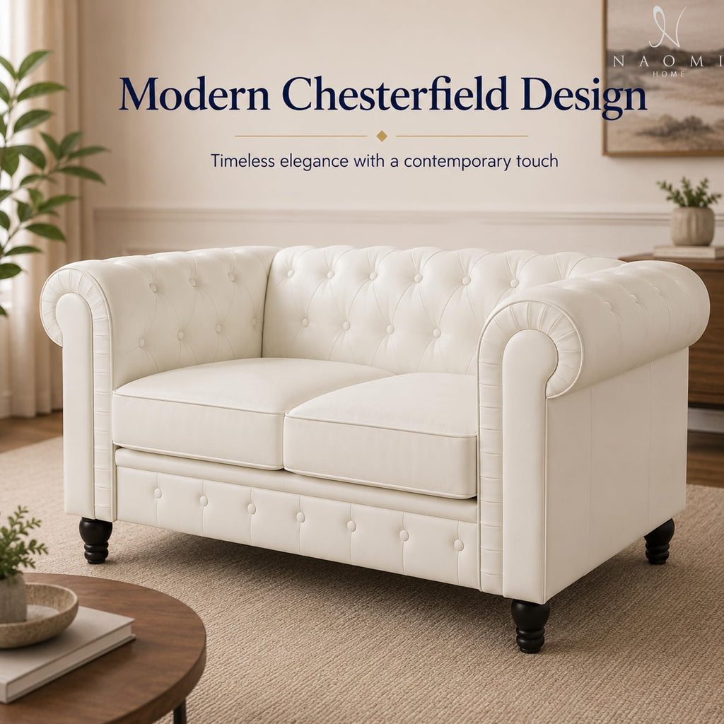 Emery Chesterfield Faux Leather Loveseat, White