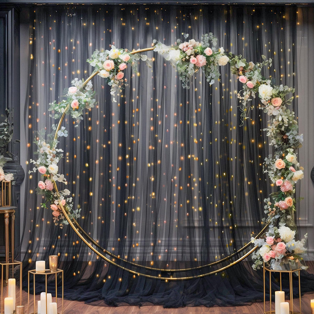 10x10ft Black Tulle Backdrop Curtain with Lights String for Parites, Sheer Photo Backdrop Drapes for Wedding Baby