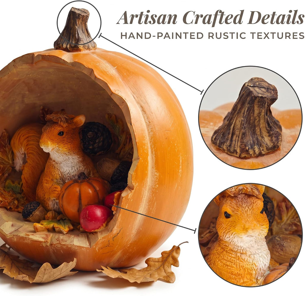Fall Decor Squirrel Figurine in Pumpkin, Autumn Harvest Resin
