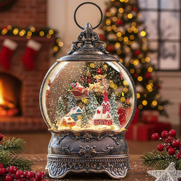 Christmas Snow Globe Lantern with Santa Claus Flying Reindeer, Lighted Swirling Glittering Snow Globes with Music &