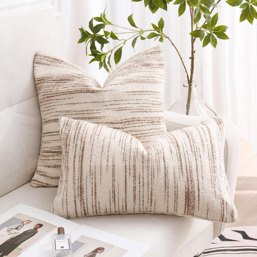 Textured Boucle Pillow Covers 20x20 Brown and Cream Neutral Striped Throw Pillow Covers Modern Farmhouse Decorative