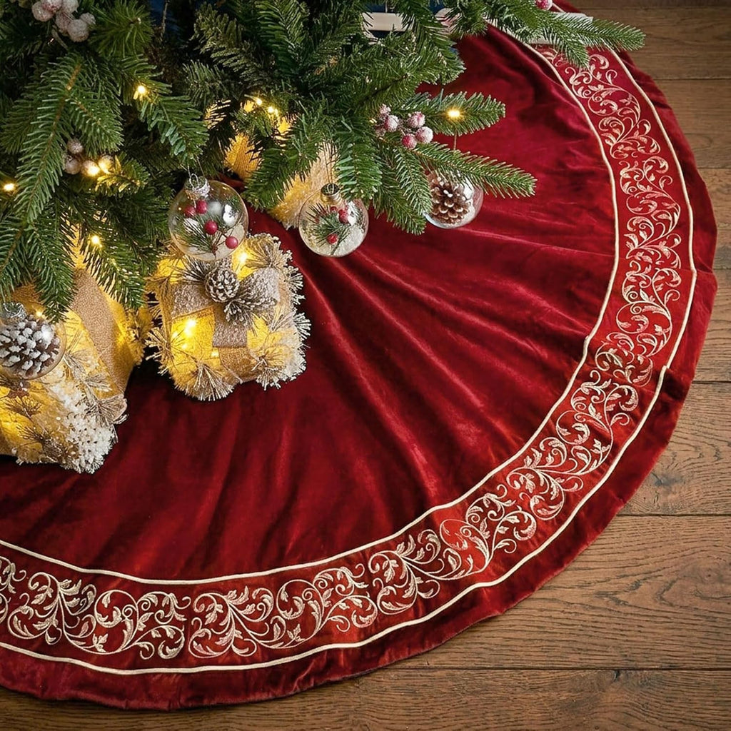 Christmas Tree Skirt 48 inch, Red Luxury Velvet Plush Faux Fur Extra Large Skirts with Golden Embroidered Vintage