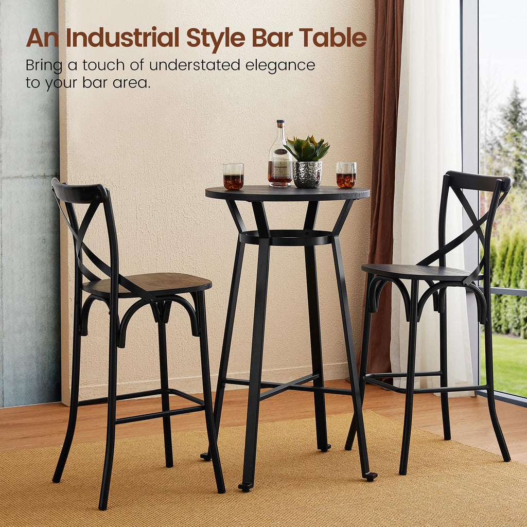 41.25" H Round Bar Table, Bistro Pub Table with Solid Wood Top and Metal Footrest, Rustic Industrial Small Bar Height