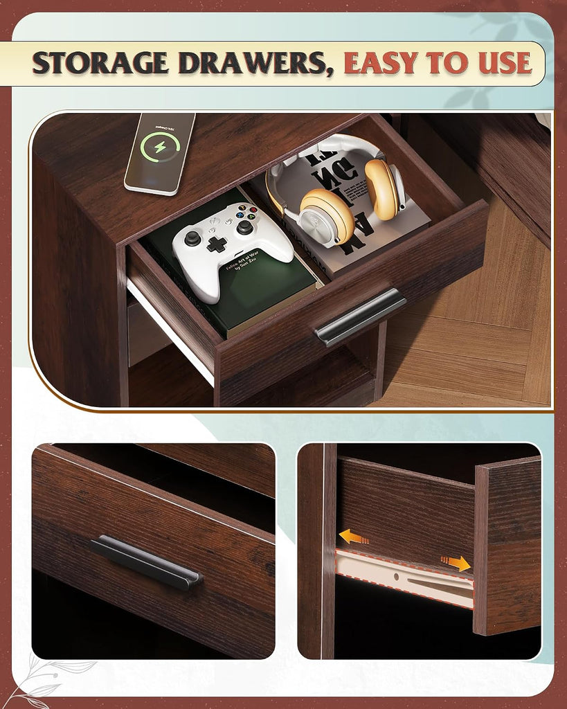 Nightstand Set of 2 with Charging Station, Wood Night Stand Sets with 2 Drawers and Open Shelf, Bed Side Tables