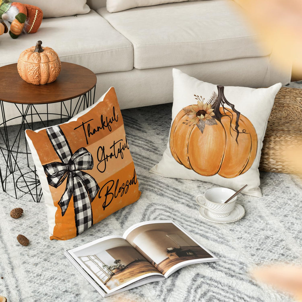 Fall Pumpk Sweet Home Throw Pillow Covers, 20 x 20 Inch Autumn Thankful Grateful Blessed Harvest Floral Orange