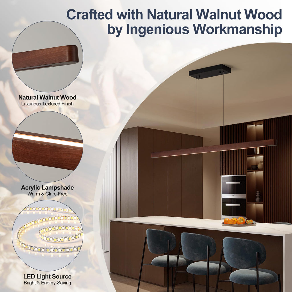 43" Wood Linear Pendant Light, Dimmable Kitchen Island Lighting with Remote, 24W LED Hanging Pendant Light