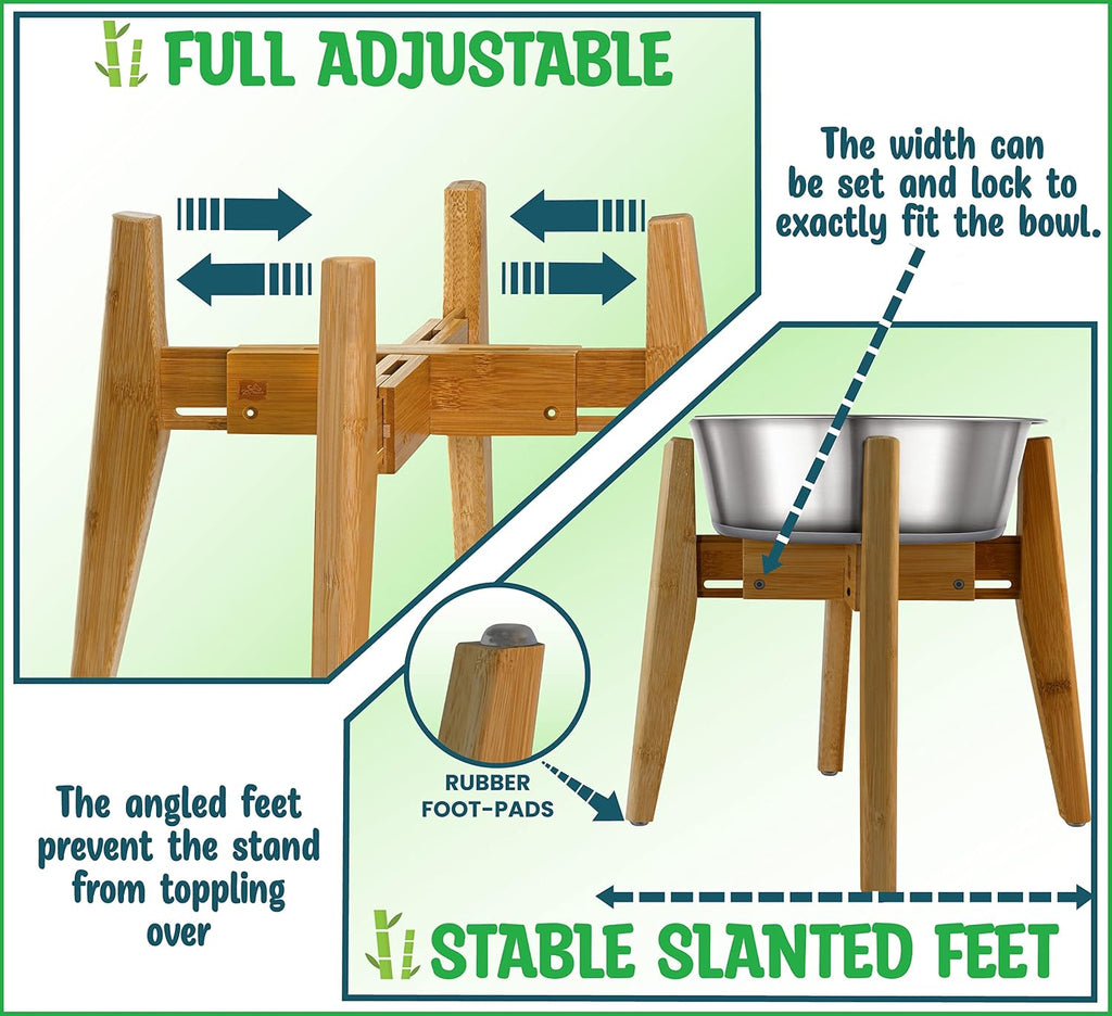 Dog Bowl Stand for Mid-Large Dogs | Adjustable, Bamboo, 12-inch High