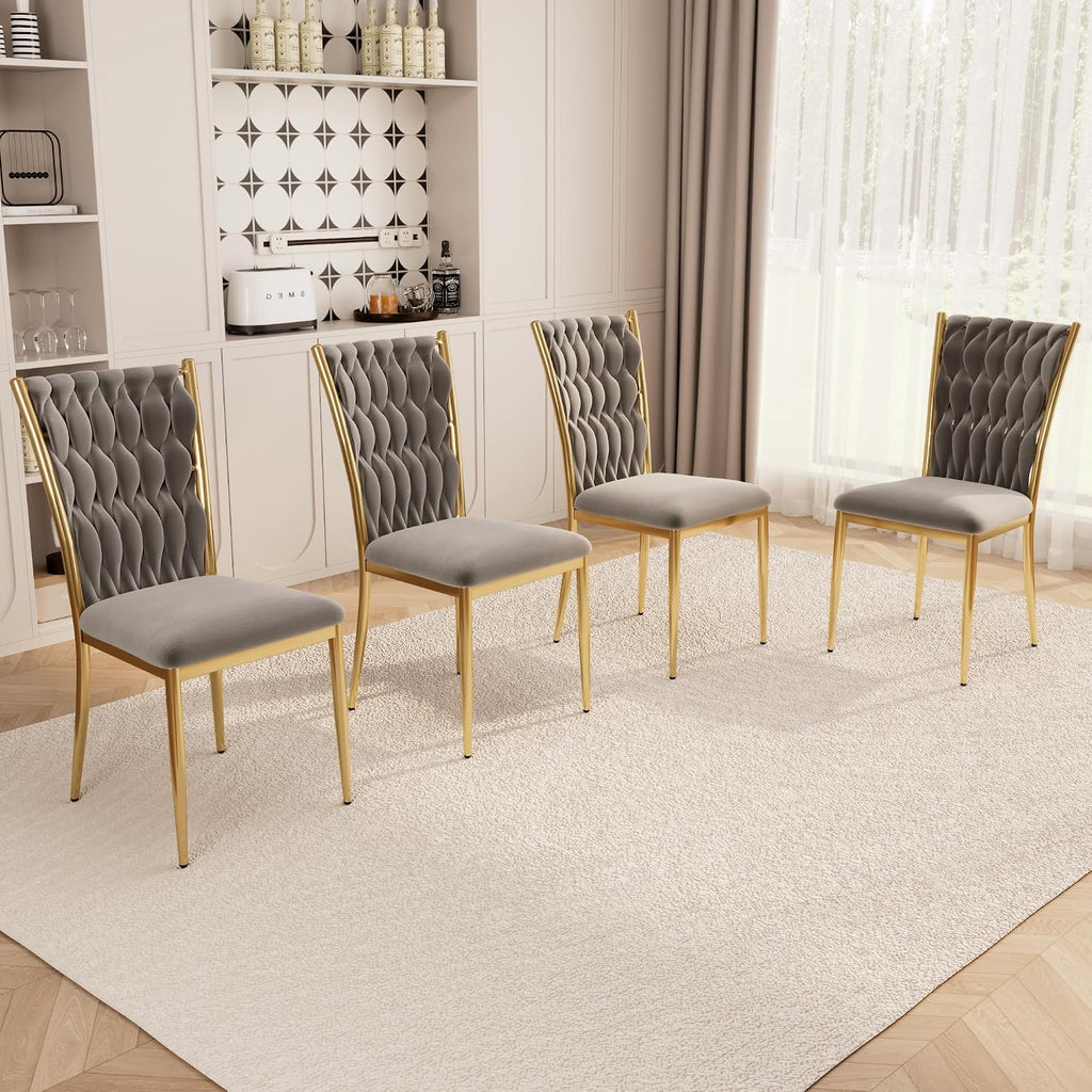 Velvet Dining Chairs Set of 4, Modern Woven Kitchen Chairs with Gold Metal Legs, Upholstered Cushion with High Back