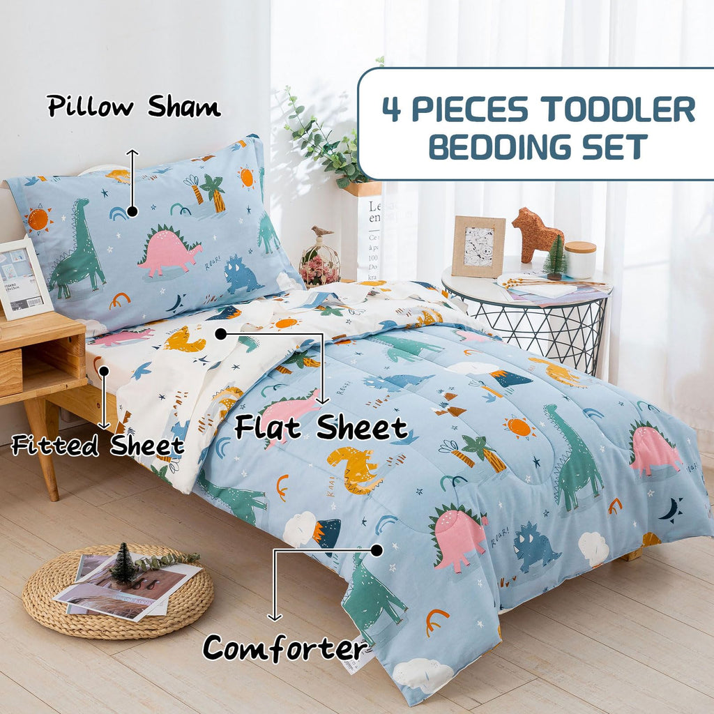 Cotton Toddler Bedding Set, 4 Pieces Bed Comforter Set for Boys Girls
