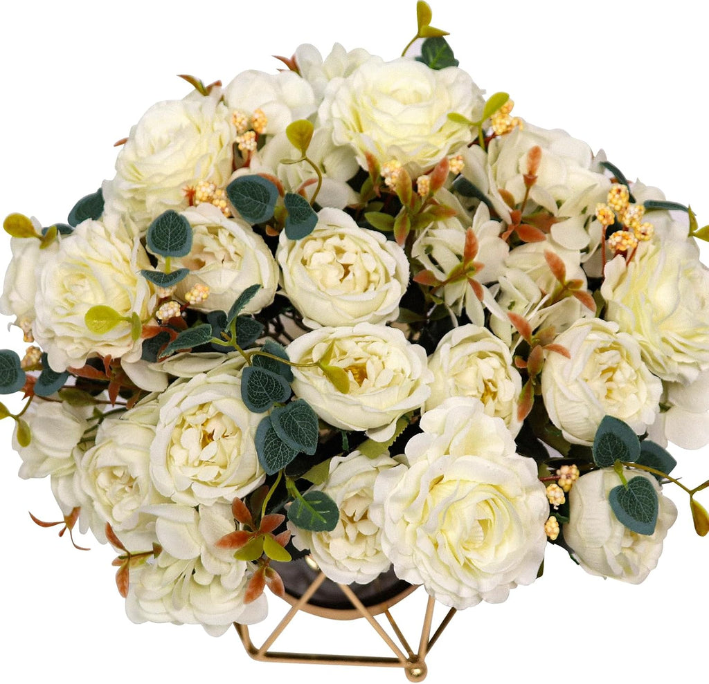 Faux Flowers with Vase, Silk Peony Bouquet Artificial Flowers in Vase, Fake Flowers Floral Arrangement Decor Indoor