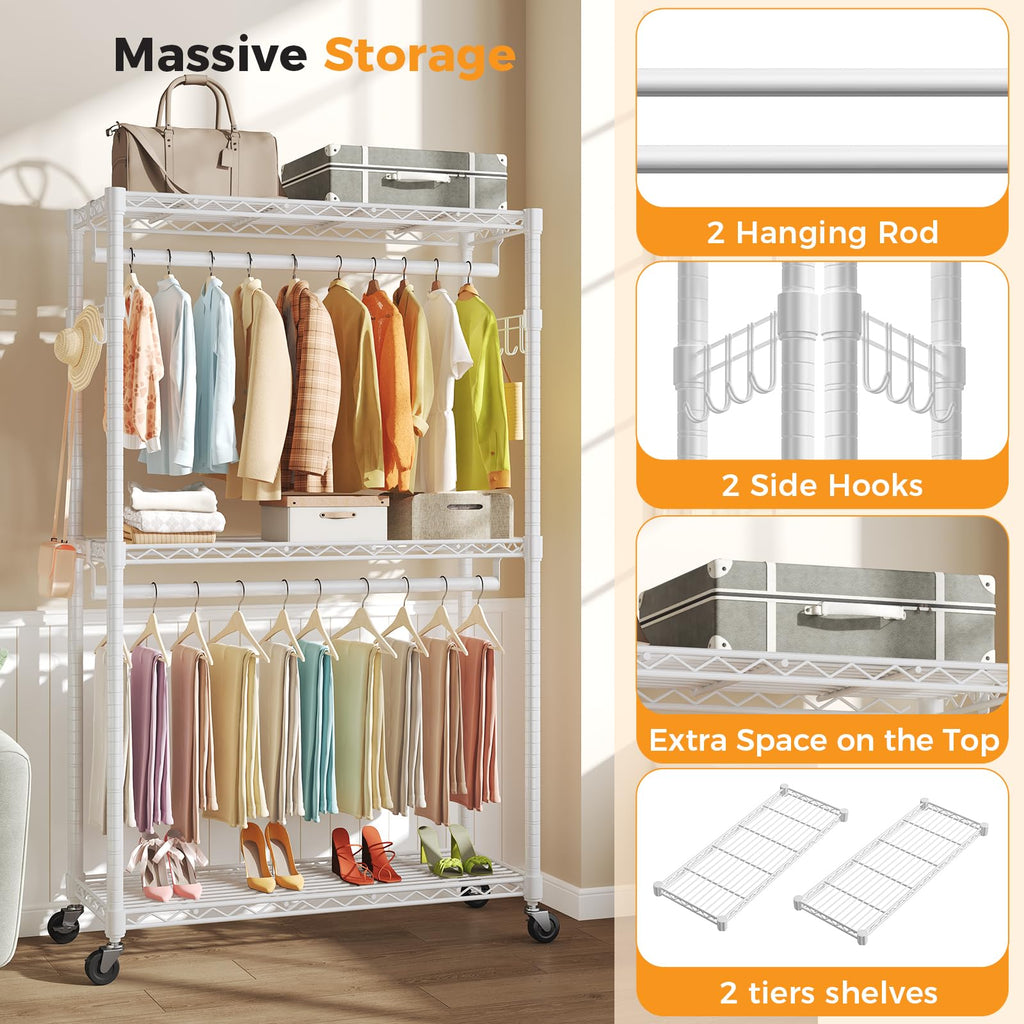 47'' Heavy Duty Garment Rack with Wheel, 3-Tier Clothing Rack