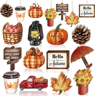 Wooden Fall Ornaments for Tree Thanksgiving Decorations,12 Styles Harvest Ornament Vintage Pumpkin Maple Leaf - Set of 36