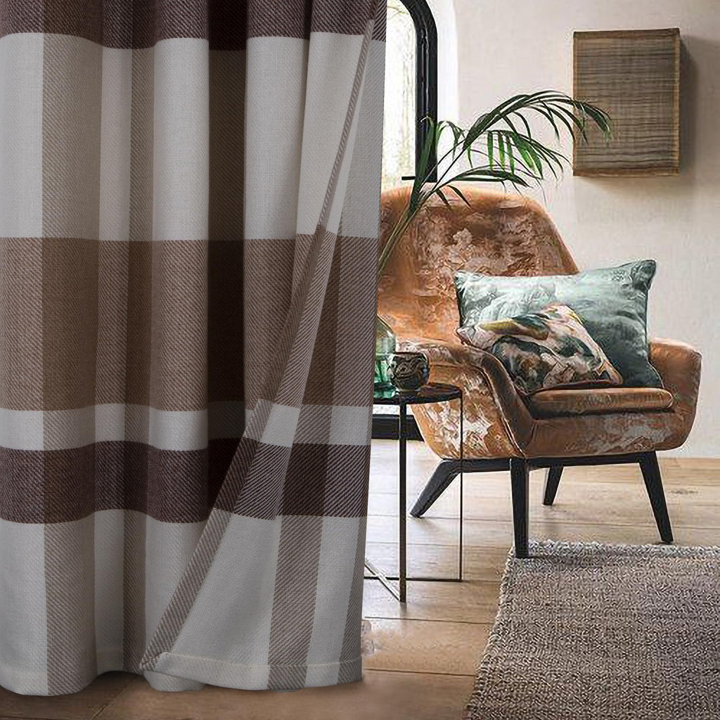 Beige Brown Plaid Curtains Farmhouse Window Curtains Highland Woolen Look Grommet Drapes Bedroom 2 Panels 45 * 95