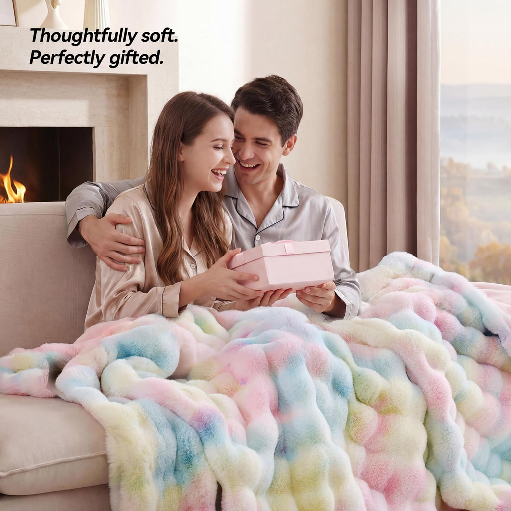 Faux Fur Throw Blanket, Rainbow Bubble Blanket 50"x60"