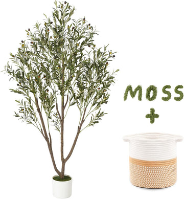 Olive Trees Artificial Indoor, 6FT Tall Faux Olive Tree with Planter & Basket, Artificial Plants with Natural Wood
