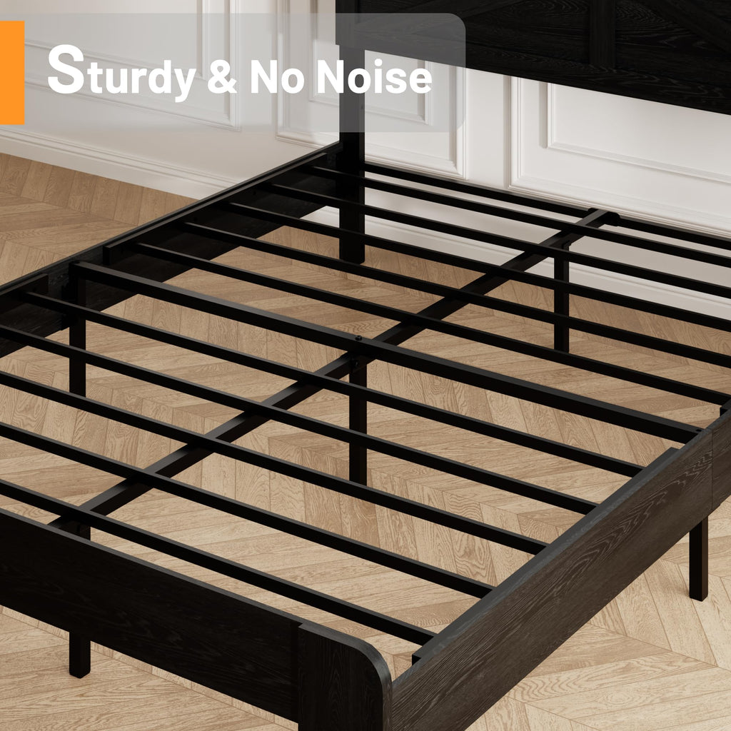 Farmhouse Wooden Bed Frame with Headboard, Black