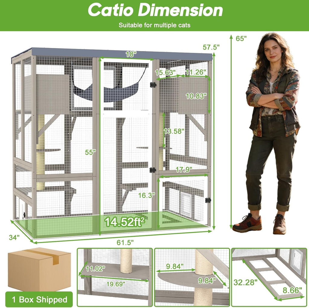 Large Catio Outdoor Cat Enclosure, Walk-in Cat Patio with 4 Levels, Cat Condo Hammock & Scratching Posts, Flat Roof
