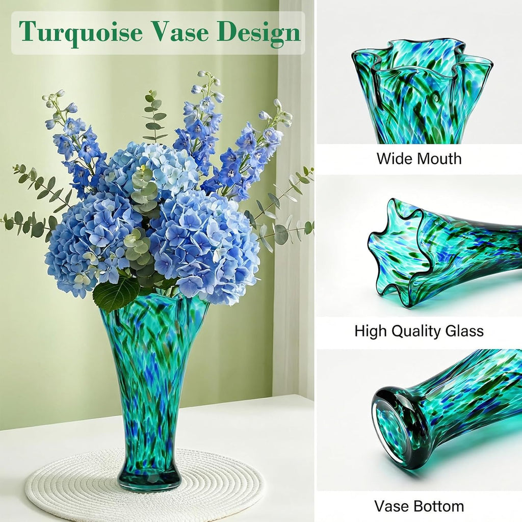 Teal Green Glass Vase for Flowers,10.8inch Hand Blown Vase