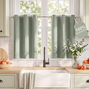 100% Blackout Sage Green Kitchen Tier Curtains, W40xL36, 2 Panels