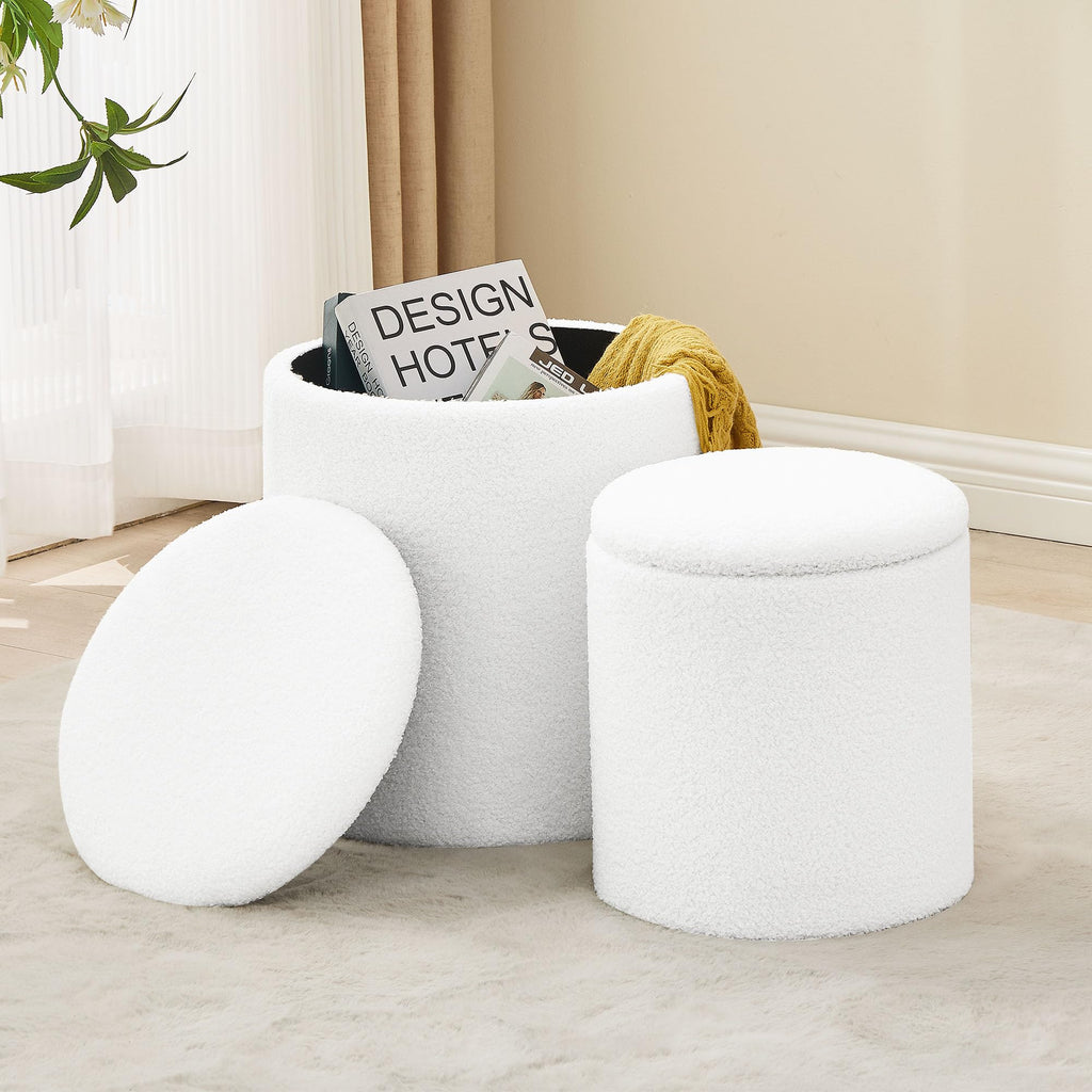 Round Set of 2 Ottoman with Storage, Boucle Storage Ottoman Foot Stool
