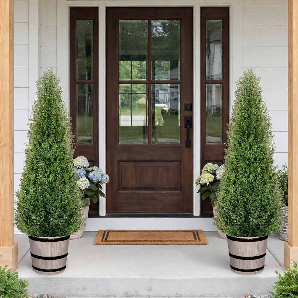 Artificial Cedar Trees 3FT Faux Cedar Topiary Evergreen Plants Outdoor Indoor Fake Cypress Pine Trees with Barrel