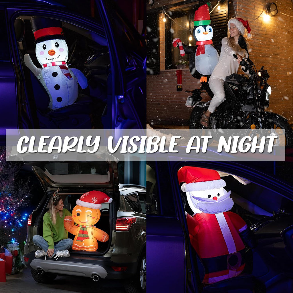 Christmas Inflatable Car Decoration Car Buddy with 12V Car Plug, 4-Pack Santa, Snowman, Gingerbread & Penguin LED
