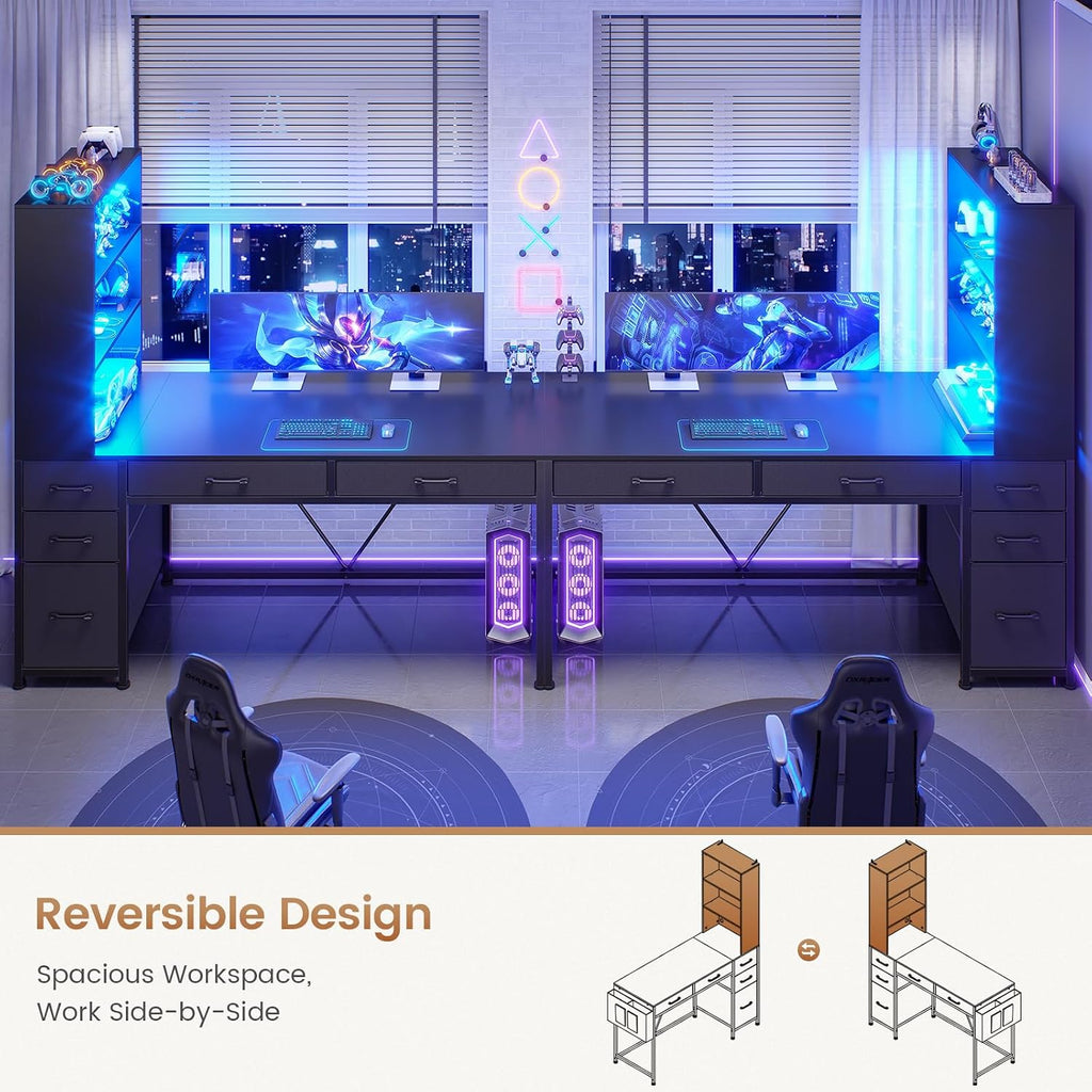 Computer Gaming Desk with 5 Drawers and Bookshelf, Reversible Home Office Desk with Storage Shelves and File Drawer