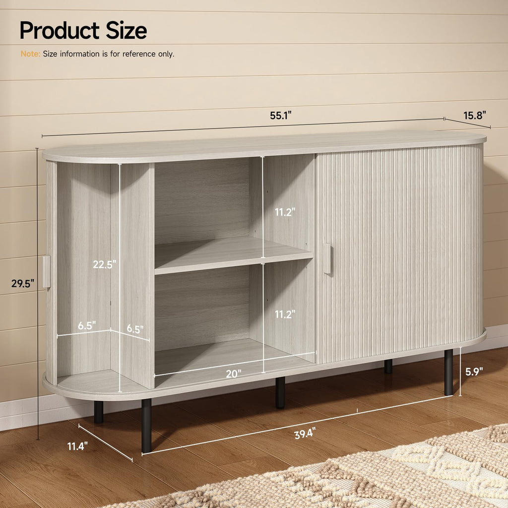55" Sideboard Buffet Cabinet with Sliding Door, Natural White