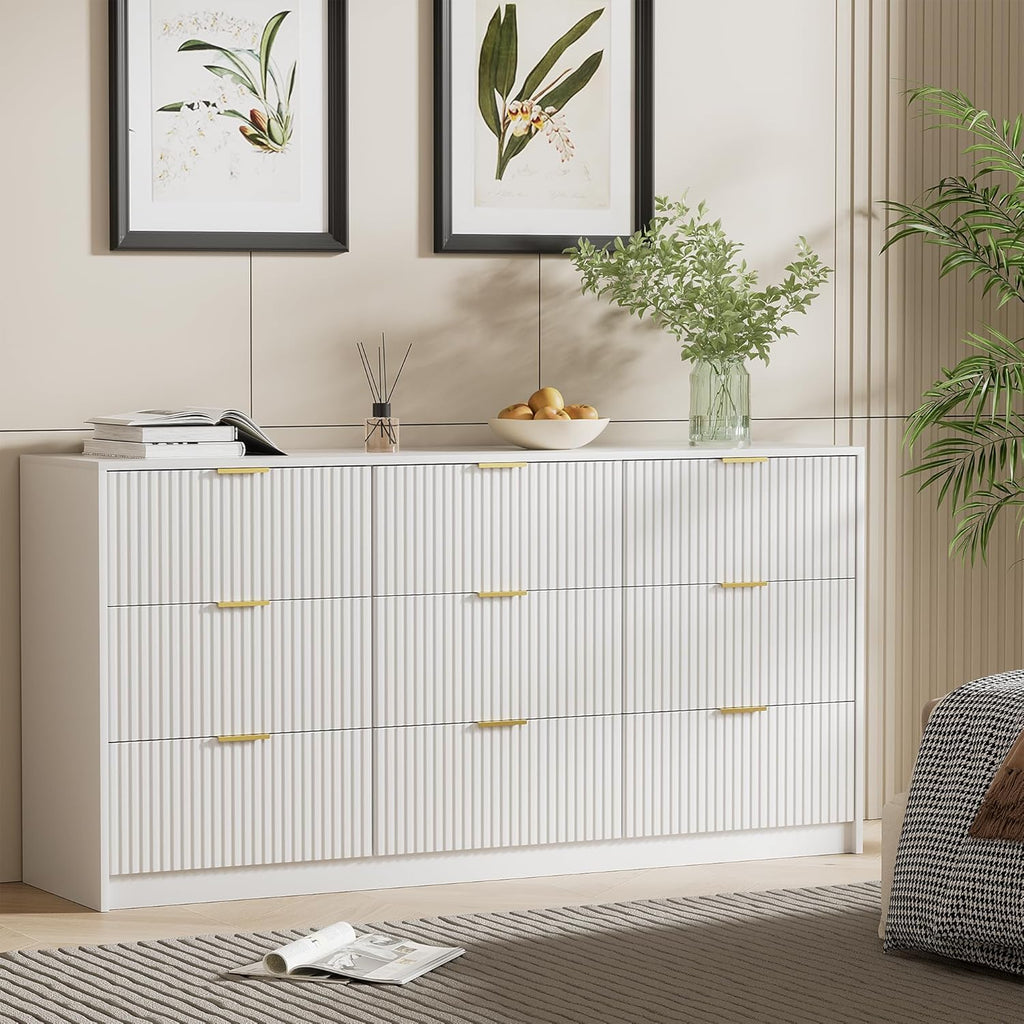 9 Drawer White Dresser, 63" Modern Fluted Dresser with Gold Handles and Smooth Slides, Wide Chest of Drawers for