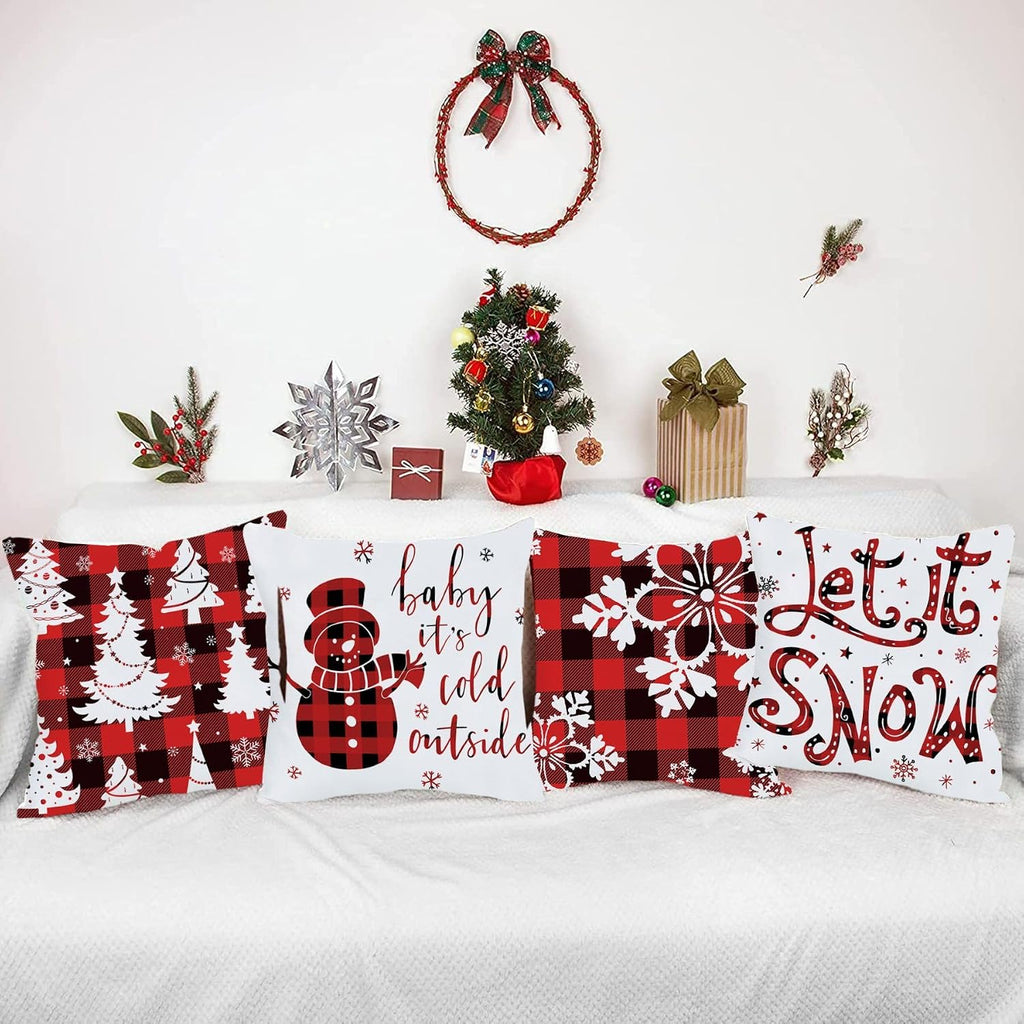 Red and Black Buffalo Plaid Merry Christmas Throw Pillow Covers 18x18 Outdoor Decorative Cases Winter - Set of 4
