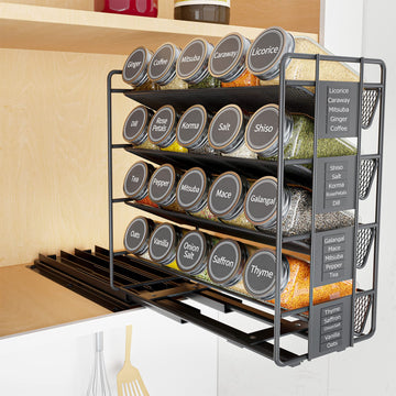 Pull Out Spice Rack Organizer with 20 Jars, Heavy Duty Slide Out Seasoning Organizer Cabinets, with 801 Labels