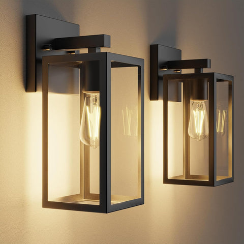Outdoor Wall Lights, 12.4 Inch Waterproof Lanterns with Frame and Clear Glass Shade, Exterior Front Porch Lights Matte Black Wall Sconce, Modern Mounted Lighting for Patio Entryway Hallway, 2 Pack A123-B0CL63PQX5