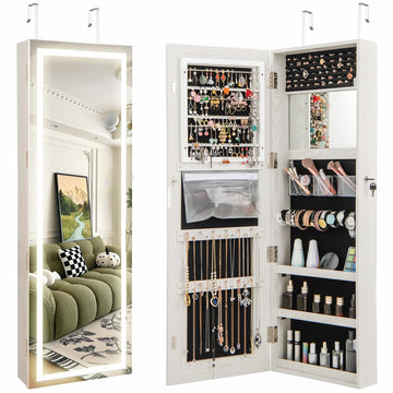 LED Mirror Jewelry Cabinet, Wall or Door Mounted, Grayish White