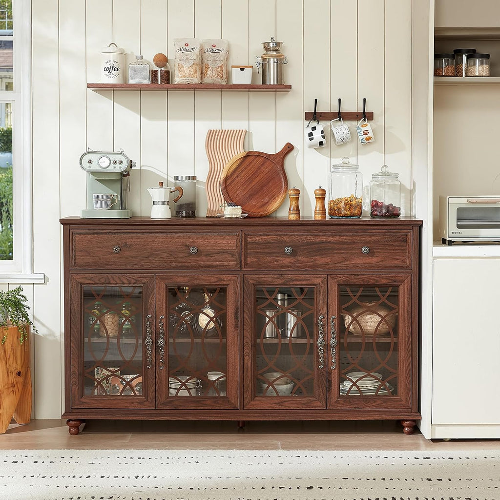 Farmhouse Sideboard Buffet Cabinet with Storage,59" Large Credenza with 4 Glass Doors & 2 Drawers,Adjustable Shelves