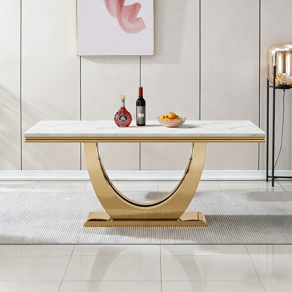 White Marble Dining Table Luxury Faux Marble Kitchen Table with U-Shape Mirrored Finish Pedestal Base, 68"