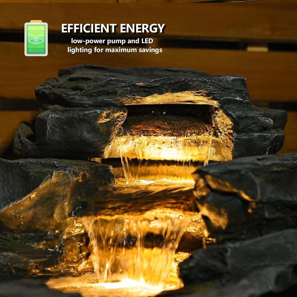 37" L Garden Outdoor Water Fountain, Floor Standing 5-Tiers Rock Natural Waterfall Outdoor Fountains with LED Lights