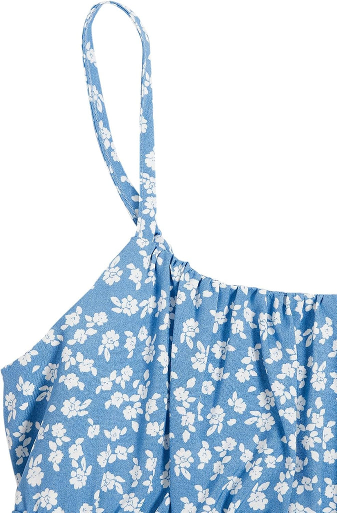 Girl's Floral Sleeveless Ruched Ruffle Hem A Line Cami Short Dress