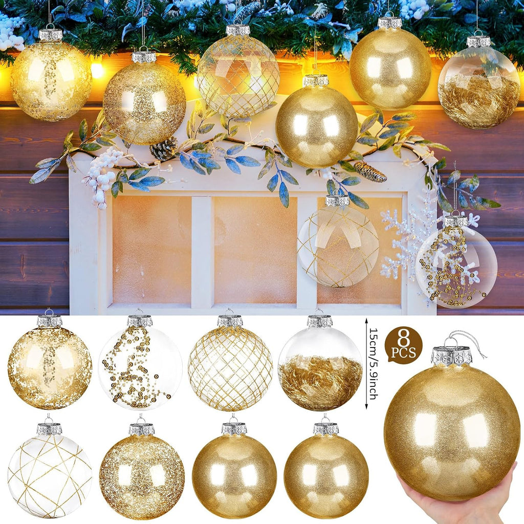8 Set Clear Large Christmas Ball Ornament 6" Glitter Champagne Gold