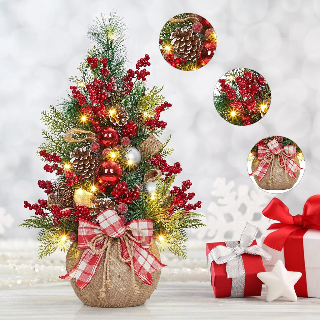 24" Pre-Lit Mini Christmas Tree with LED Lights - Battery Operated Tabletop Decor, Frosted Artificial Tree /Office
